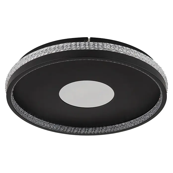 Globo LED-Deckenleuchte rund Shirley - 30 W, Ø x H: 41 x 6,5 cm - Runde schwarze Deckenleuchte mit dekorativem Kristall-Effekt-Außenring und zentralem weißen Leuchtpanel.