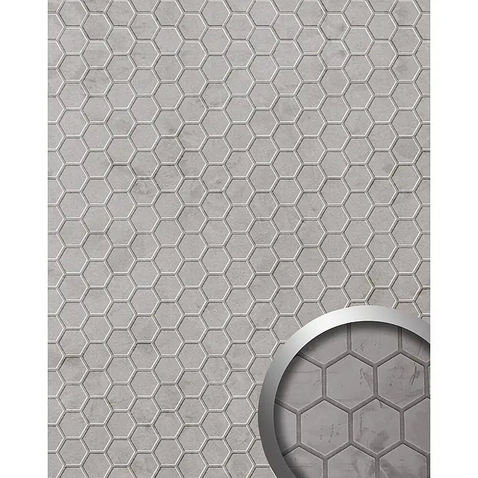 Wallface Wandpaneel 22712 COMB VELVET Pearl Wandverkleidung Honigwaben Optik matt grau 2,60 m2 - 2.600 x 1.000 mm - Graue sechseckige Boden- oder Wandfliesen mit matter Textur.