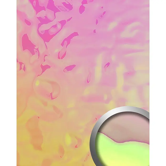 Wallface Wandpaneel 27048 OCEAN Hollywood Wandpaneel Metall-Optik holographisch pink 2,6 m2 -  - Holographisches Material mit rosa-gelbem Farbverlauf und Detailansicht.