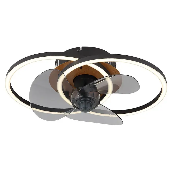 Globo Ventilador de techo Karen - 28 mm - Ventilador de techo negro moderno con detalles de madera, aspas transparentes y luz LED circular integrada.