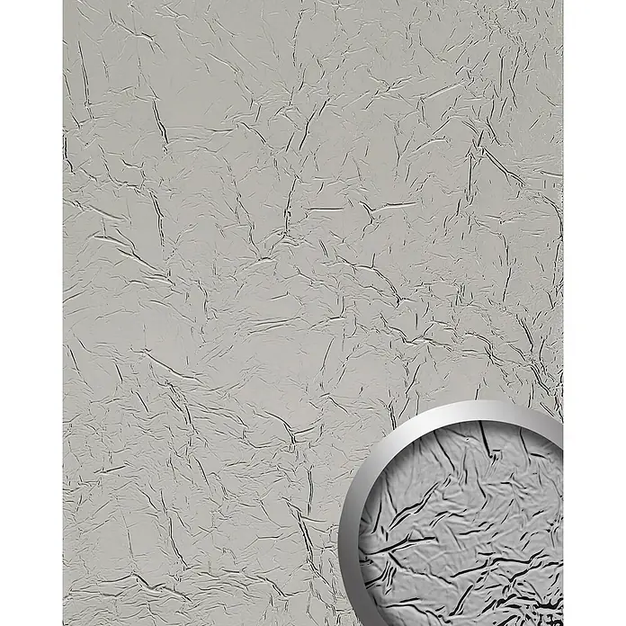 Wallface Wandpaneel 24945 CREPA Silver Wandverkleidung 3D spiegelnd silber 2,6 m2 - 2.600 x 1.000 mm - Hellgraue strukturierte Oberfläche mit zerknittertem Folien-Effekt.