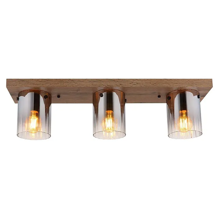 Globo Deckenleuchte Underwood - 40 W, L x B x H: 710 x 160 x 180 mm, E27 - Dreiflammige Deckenleuchte mit braunem Holzsockel und Klarglasschirmen mit Glühfadenlampen.
