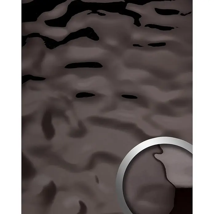 Wallface Wandpaneel 27049 OCEAN Anthracite Wandpaneel Metall-Optik spiegelnd grau 2,6 m2 - grau-braun - Dunkelbraune, glänzende, flüssigkeitsähnliche Oberfläche mit wellenförmigen Unebenheiten und abstrakten Reflexionen.
