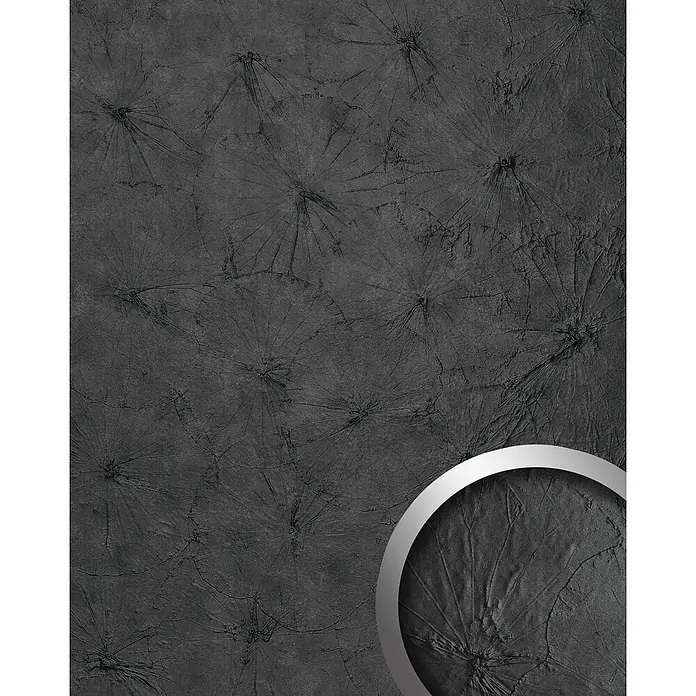 Wallface Wandpaneel 24963 CLASSY Wandverkleidung Natur Dekor seidenmatt anthrazit 2,6 m2 - 2.600 x 1.000 mm - Dunkelgraues strukturiertes Material mit radialen, sternähnlichen Mustern.