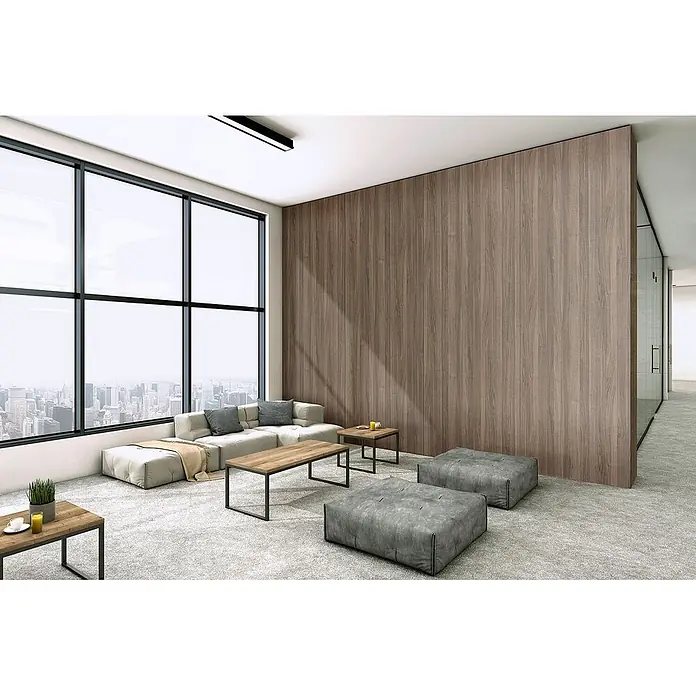 Wallface Wandpaneel 25546 Nutwood Country Nature Wandpaneel in Holz Optik matt braun 2,6 m2 - dunkel-braun, 2.600 x 1.000 mm - Moderner Bürobereich mit hellem modularem Sofa, Holztischen und zwei großen grauen Bodenpoufs.