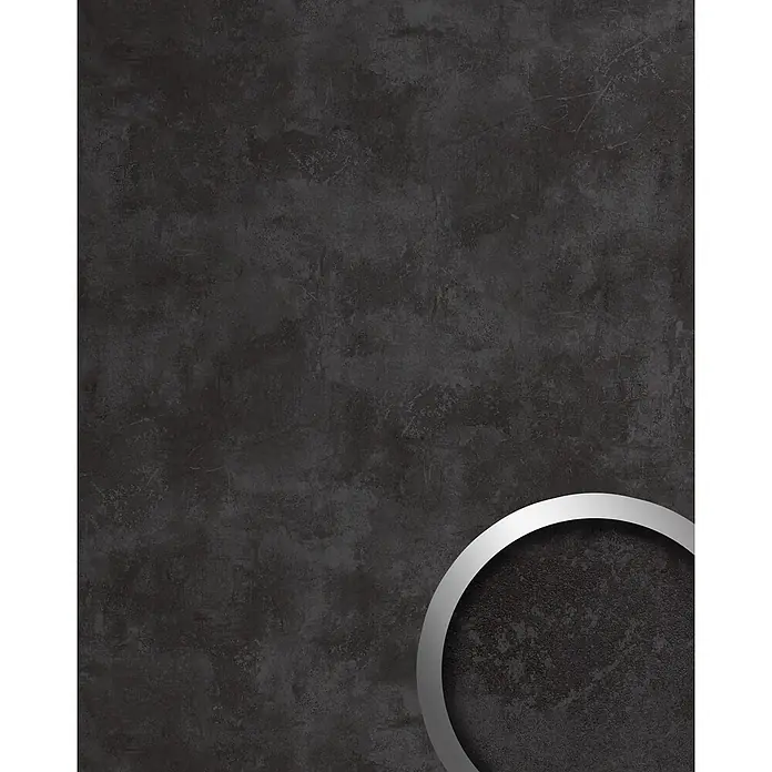 Wallface Wandpaneel 19092 CEMENT DARK Dekorpaneel in Beton Optik matt anthrazit 2,6 m2 - 2.600 x 1.000 mm - Glänzender silberner Metallring, teilweise in der Ecke sichtbar.