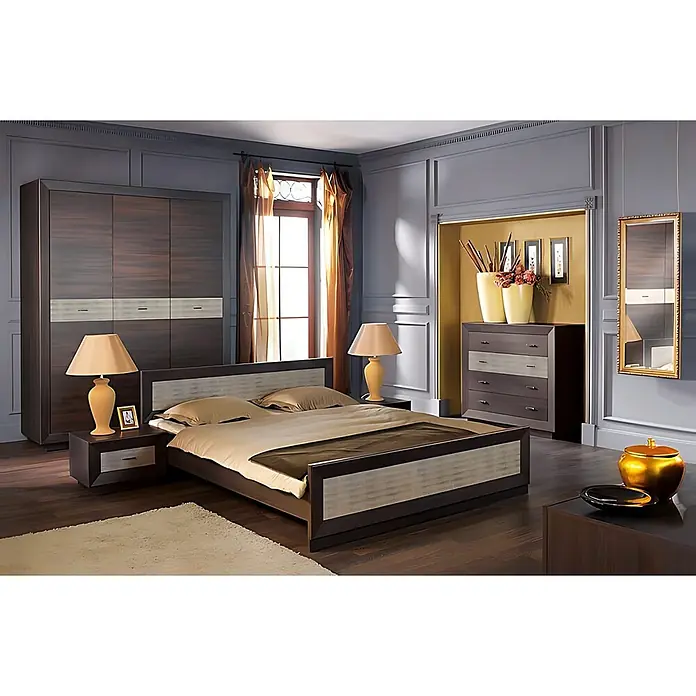 Wallface Wandpaneel 31667 LEGUAN Design Leder Blickfang Wand-paneel silber 2,60 qm - grau-beige - Dunkles Schlafzimmer-Set aus Holz mit hellen Akzentpaneelen, bestehend aus Bett, Kleiderschrank und Kommode in einem modernen Schlafzimmer.