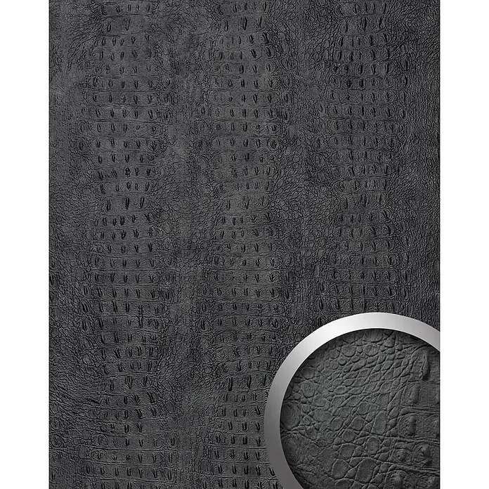 Wallface Wandpaneel 24964 CROCO CLASSY Black Wandverkleidung 3D seidenmatt anthrazit 2,6 m2 - 2.600 x 1.000 mm - Dunkelgraue Krokoprägung Ledertextur mit vergrößertem Detail.
