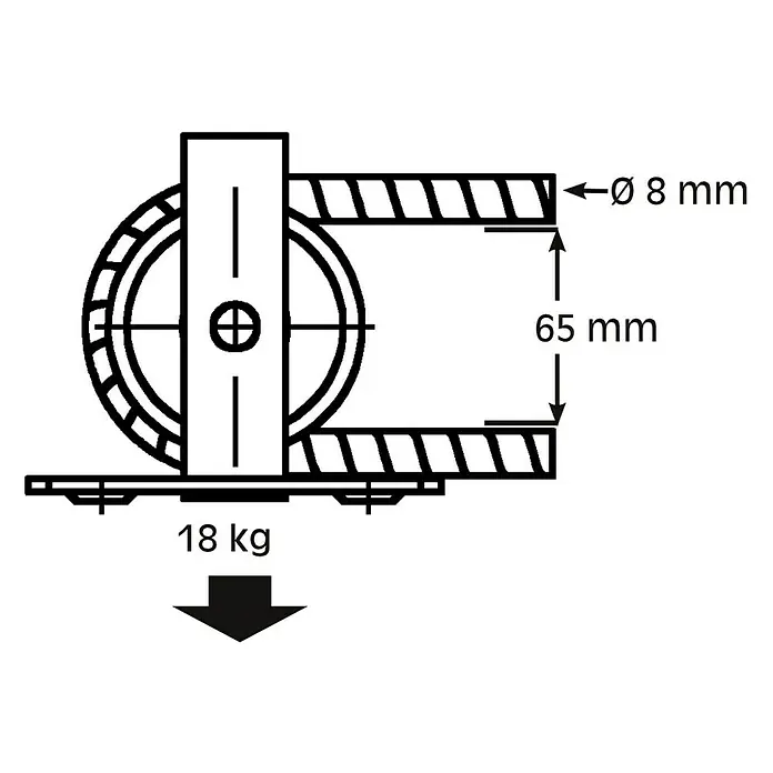 HBS Betz Seilrolle - Typ: Stehrolle, Polyamid, Traglast: 18 kg, Durchmesser: 65 mm, 1 Stk. - Schemazeichnung einer Rollapparatur mit den Massangaben Ø 8 mm und 65 mm und einer Gewichtsbelastung von 18 kg.