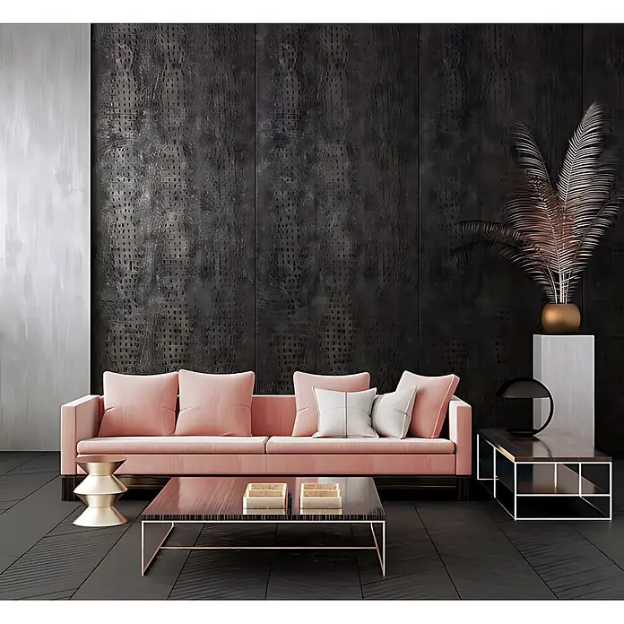 Wallface Wandpaneel 24964 CROCO CLASSY Black Wandverkleidung 3D seidenmatt anthrazit 2,6 m2 - 2.600 x 1.000 mm - Modernes rosa Samtsofa in einem stilvollen Wohnzimmer, umgeben von eleganten Couch- und Beistelltischen.
