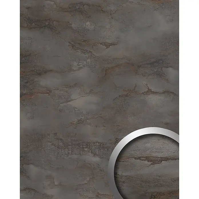 Wallface Wandpaneel 23101 GENESIS Grey Wandverkleidung in Marmor Optik matt grau 2,60 m2 - beige, 2.600 x 1.000 mm - Dunkle, verwitterte Industrieoberfläche mit Kupfer- und Rosttönen. Mit teilweisem silbernem Ringakzent.