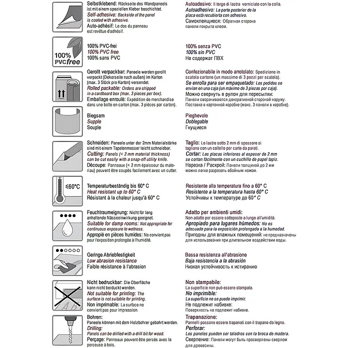 Wallface Wandpaneel 22716 LAVA VELVET Coal Wandverkleidung in Stein Optik matt schwarz 2,60 m2 - 2.600 x 1.000 mm - Eine Infografik mit 10 Produktmerkmalen, Symbolen und mehrsprachigem Text.
