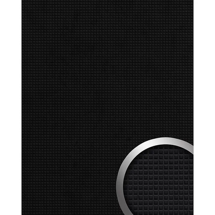 Wallface Wandpaneel 22734 SQUARE 2 VELVET Coal Wandverkleidung Leder Optik matt schwarz 2,63 m2 - 2.613 x 1.005 mm - Dunkle, strukturierte Oberfläche mit einem silbernen Metallringakzent.