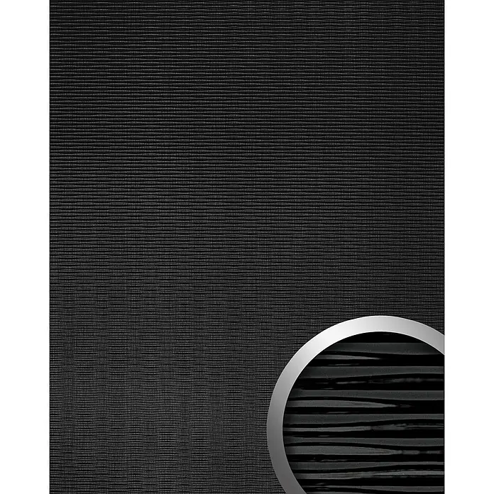 Wallface Wandpaneel 23665 MOTION Wandverkleidung Hochglanz Optik hochglänzend schwarz 2,6 m2 - 2.600 x 1.000 mm - Dunkelgraues, strukturiertes Material mit feinen horizontalen Linien, mit einem runden Detail, das breitere, wellige schwarze Streifen hervorhebt.