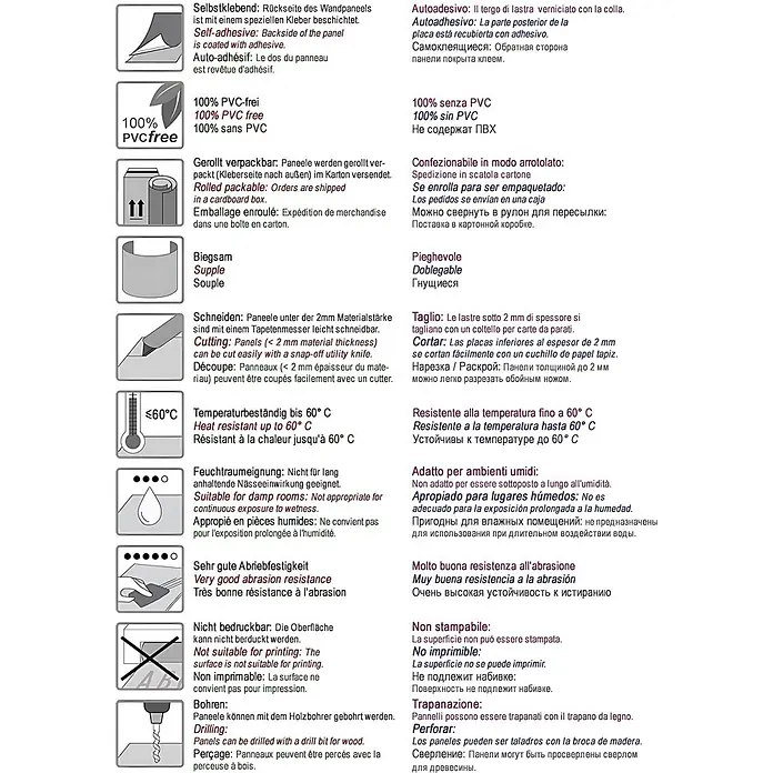 Wallface Wandpaneel 23665 MOTION Wandverkleidung Hochglanz Optik hochglänzend schwarz 2,6 m2 - 2.600 x 1.000 mm - Grafik mit Produktmerkmalen: Symbole und mehrsprachige Beschreibungen für selbstklebend, PVC-frei, flexibel, zuschneidbar, temperaturbeständig und mehr.