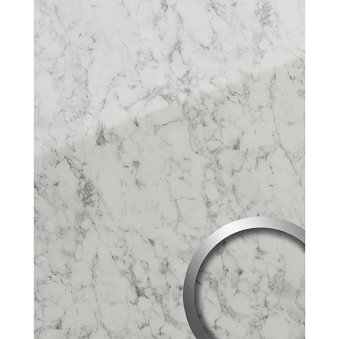 Wallface Wandpaneel 19345 MARBLE WHITE Dekorpaneel in Marmor Optik glänzend weiß 2,6 m2 - grau-weiß, 2.600 x 1.000 mm - Silberner Metallring teilweise sichtbar auf weißer Marmoroberfläche, als dekorativer Rahmen.