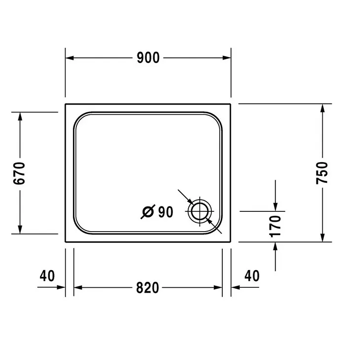 Duravit D-Code Duschwanne - L x B: 90 x 75 cm, Kunststoff, Weiß, Ohne Antirutsch-Oberfläche, Rechteckig - Abbildung einer Duschwanne mit den Maßen 900 x 670 mm und einem Ablaufdurchmesser von 90 mm. Die Höhe beträgt 750 mm.