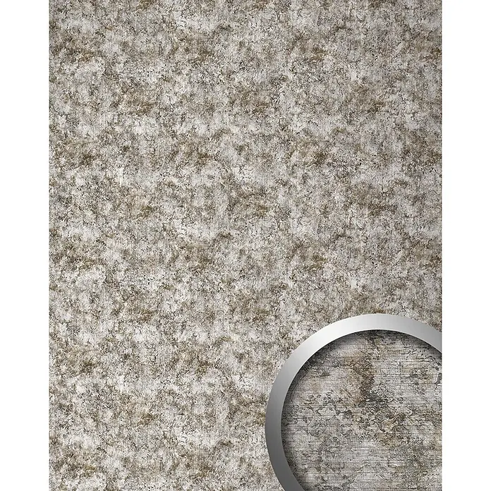 Wallface Wandpaneel 17275 DECO VINTAGE Wandpaneel Metall-Rost-Optik Design grau 2,60 qm - dunkel-grau, 2.600 x 1.000 mm - Gemusterte Oberfläche in Beige und Braun, mit silberumrandetem Kreisdetail, das ein dunkleres, verwittertes Muster zeigt.