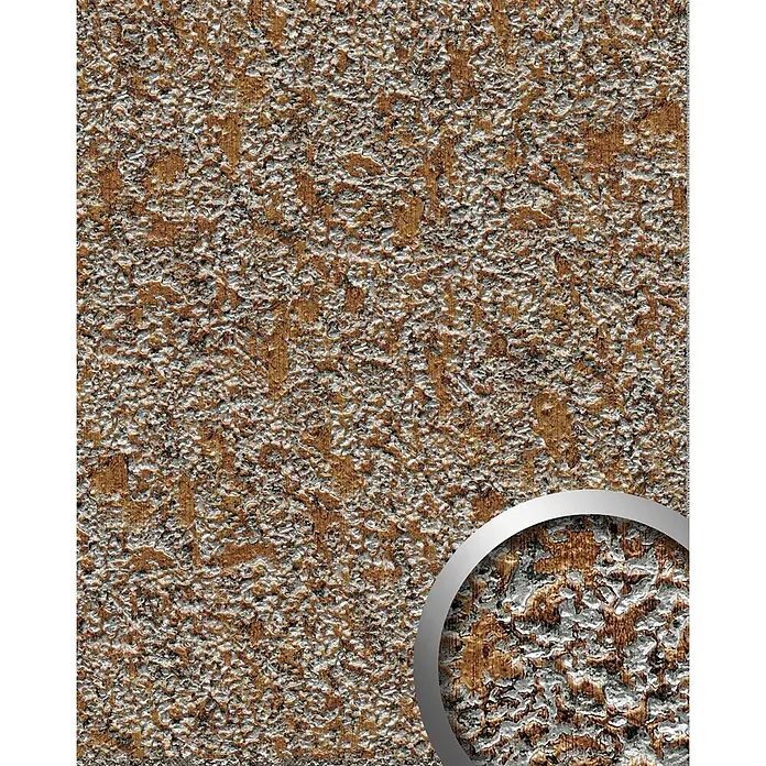 Wallface Wandpaneel 28894 LAVA Wandpaneel Stein Optik Design kupfer-braun grau 2,60 qm - silber, 2.600 x 1.000 mm - Strukturierte Oberfläche mit unregelmäßigem braunem und silbergrauem Muster, das eine raue, organische Oberfläche zeigt.