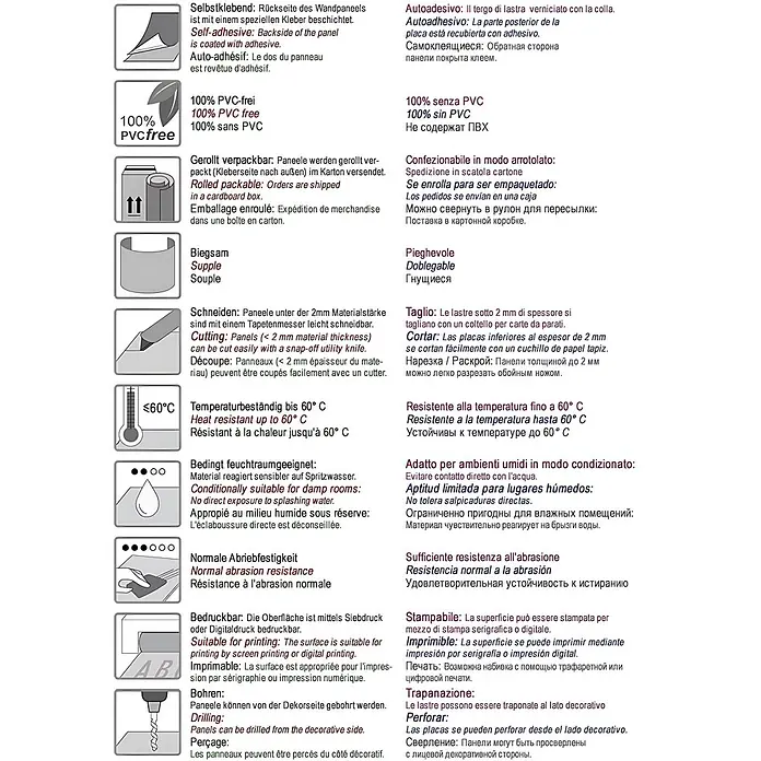 Wallface Wandpaneel 28894 LAVA Wandpaneel Stein Optik Design kupfer-braun grau 2,60 qm - silber, 2.600 x 1.000 mm - Produktdatenblatt mit Icons und mehrsprachigen Beschreibungen von Wandpaneel-Eigenschaften wie Haftung, Material, Handhabung und Widerstandsfähigkeit.