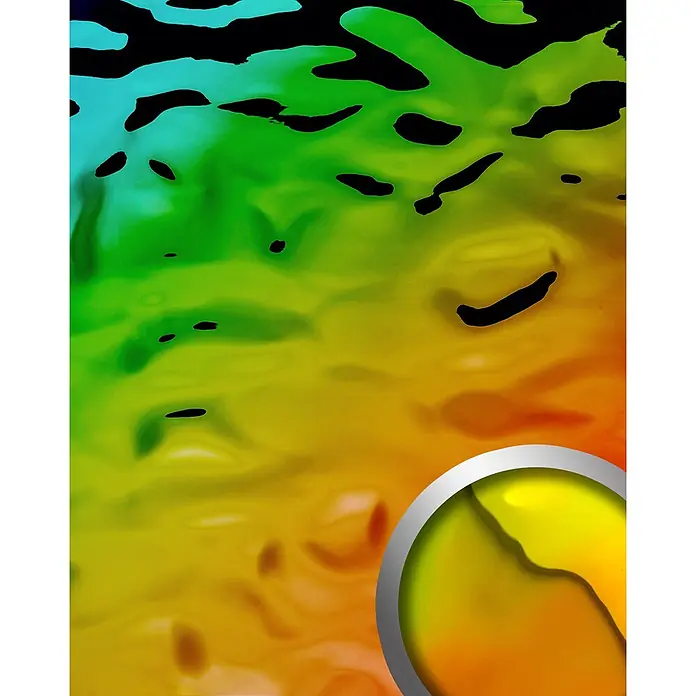 Wallface Wandpaneel 27743 OCEAN Rainbow Wandpaneel Metall-Optik holographisch grün 2,6 m2 - orangeblaurot, 2.600 x 1.000 mm - Abstrakter Farbverlauf-Hintergrund (Blau, Grün, Gelb, Orange) mit schwarzen Formen. Ein glänzender gelber Kreis mit Silberrand hebt die lebendige Textur hervor.