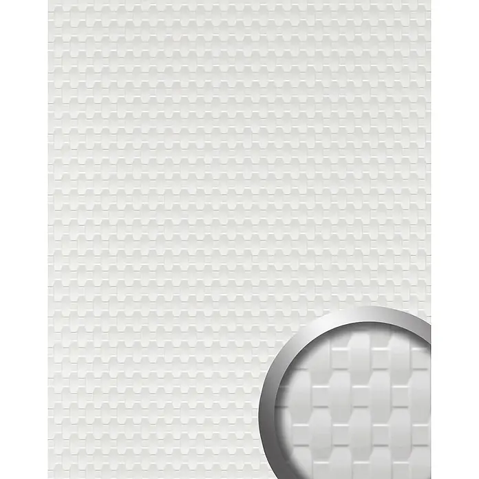 Wallface Wandpaneel 24954 RATTAN 20 Snow White Wandverkleidung 3D matt weiß 2,6 m2 - 2.600 x 1.000 mm - Weißes strukturiertes Muster mit ineinandergreifenden geometrischen Formen.