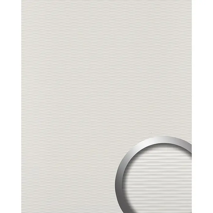 Wallface Wandpaneel 24959 MOTION TWO Snow White Wandverkleidung unifarben matt weiß 2,6 m2 - 2.600 x 1.000 mm - Silberner Metallring mit Schatteneffekt, unten rechts positioniert.
