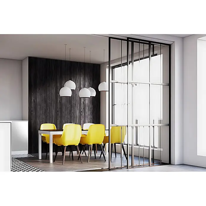 Wallface Wandpaneel 25154 CARBONIZED WOOD Wandpaneel Holz-Optik matt anthrazit-grau 2,6 m2 - grau, 2.600 x 1.000 mm - Modernes Esszimmer mit leuchtend gelben Stühlen, einem weißen Tisch, weißen Pendelleuchten und dunkler Akzentwand.