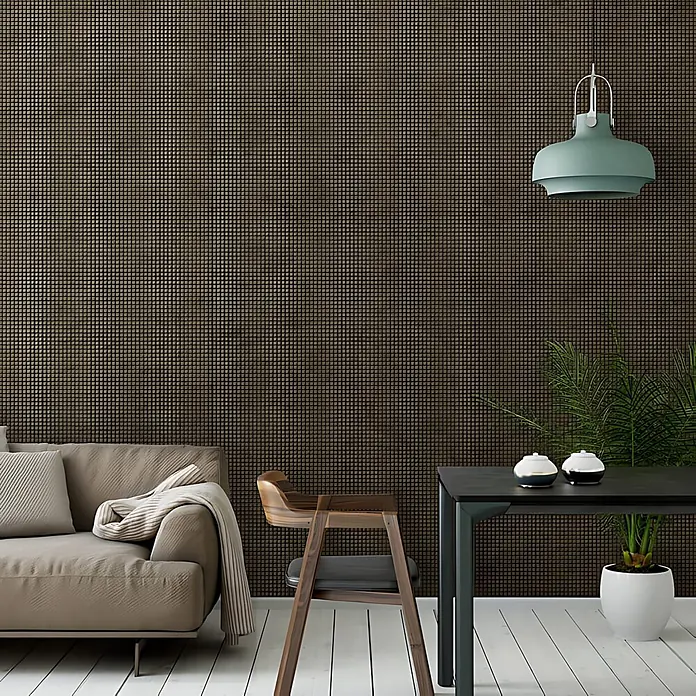 Wallface Wandpaneel 22733 SQUARE 2 VELVET Mocha Wandverkleidung Leder Optik matt braun 2,63 m2 - oliv-braun, 2.613 x 1.005 mm - Dunkelbraune texturierte Wand mit feinem Gittermuster, die ein raffiniertes Akzent in einem modernen Raum schafft.