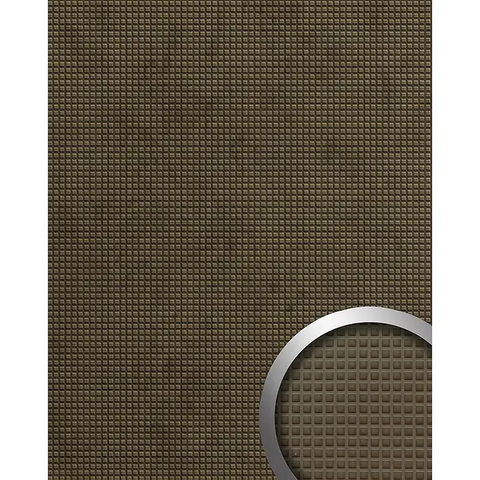 Wallface Wandpaneel 22713 SQUARE 2 VELVET Mocha Wandverkleidung Leder Optik matt braun 2,6 m2 - oliv-braun, 2.600 x 1.000 mm - Braun-graues strukturiertes Material mit einem Raster aus kleinen, erhöhten Quadraten, mit einem silbernen Metallring unten rechts.