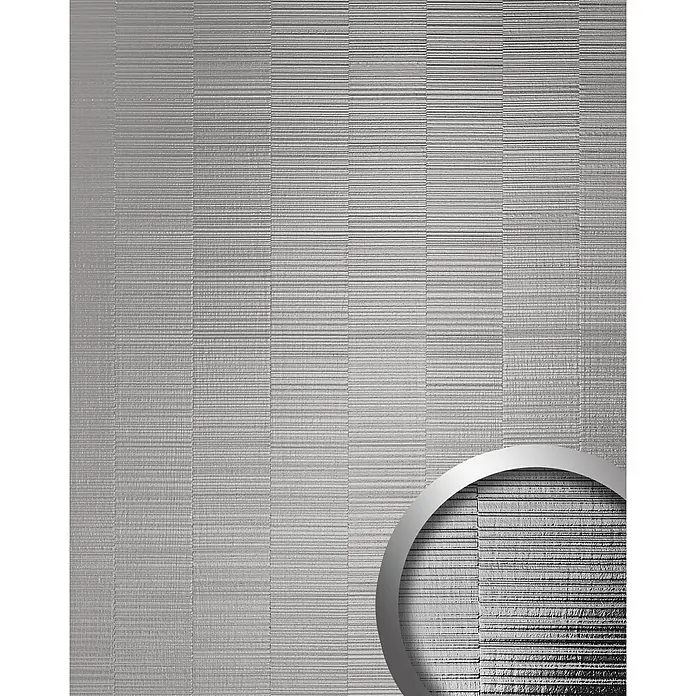 Wallface Wandpaneel 24961 NOTCH Silver Wandverkleidung unifarben glänzend silber 2,6 m2 - 2.600 x 1.000 mm - Grau texturierte Oberfläche mit horizontalen Rillen.