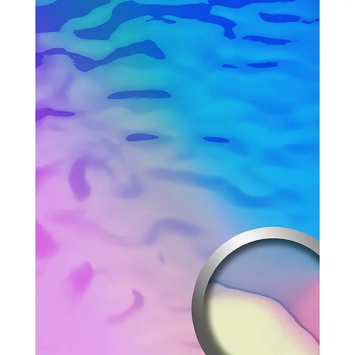 Wallface Wandpaneel 27822 OCEAN Hollywood Blue Wandpaneel Metall-Optik holographisch 2,6 m2 - blau-lila, 2.600 x 1.000 mm - Abstrakter Wellengradient-Hintergrund in Blau, Lila und Pink, mit teilweiser silbergerahmter Kreisgrafik.