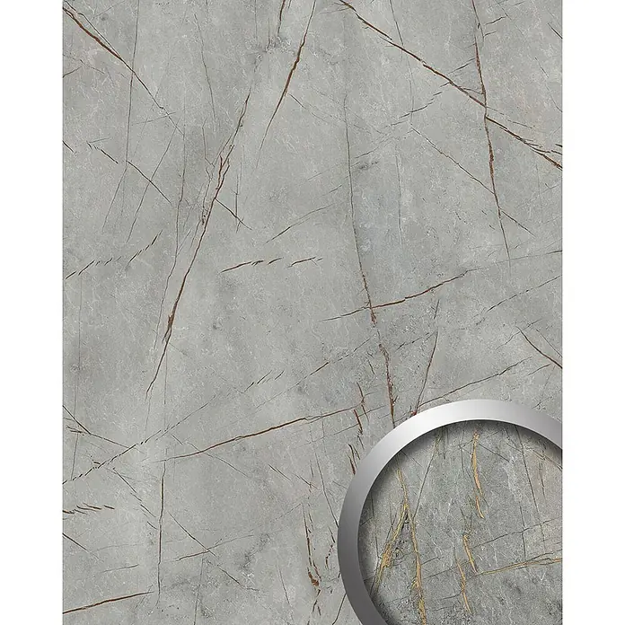 Wallface Wandpaneel 25894 LIMESTONE Grey Nature Wandpaneel in Stein Optik matt grau 2,6 m2 - gold, 2.600 x 1.000 mm - Graue Marmoroptik-Oberfläche mit rotbraunen Äderungen. Ein vergrößerter Bereich zeigt goldene Äderungen.