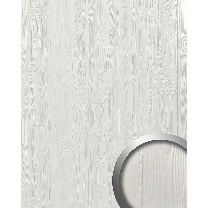 Wallface Wandpaneel 24950 DAKOTA Snow White Wandverkleidung mit Natur Dekor matt weiß 2,6 m2 - 2.600 x 1.000 mm - Weißer Holzplankenboden mit texturierter, sichtbarer Maserung.