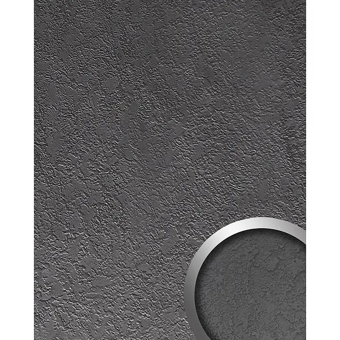Wallface Wandpaneel 22738 LAVA VELVET Volcano Wandverkleidung in Stein Optik matt grau 2,63 m2 - 2.613 x 1.005 mm - Dunkelgraue, texturierte Oberfläche mit einem metallischen silbernen Kreisrahmen.