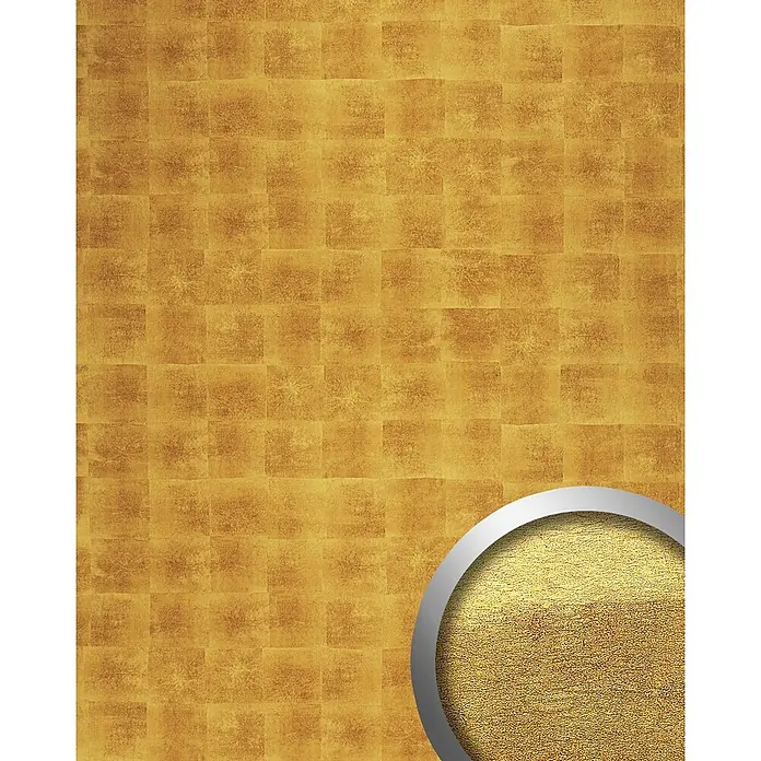 Wallface Wandpaneel 21392 DECO LUXURY Wandpaneel Design Wandverkleidung gold 2,60 qm - 2.600 x 1.000 mm - Goldfarbene karierte Mustertextur mit körnigem Golddetail in einem Silberrahmen.