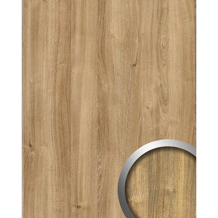 Wallface Wandpaneel 25895 Willow OAK Nature Wandverkleidung in Holz Optik matt braun 2,6 m2 - grün-beige, 2.600 x 1.000 mm - Hellbraune Holzplatte mit natürlicher Maserung und dezenten Ästen.