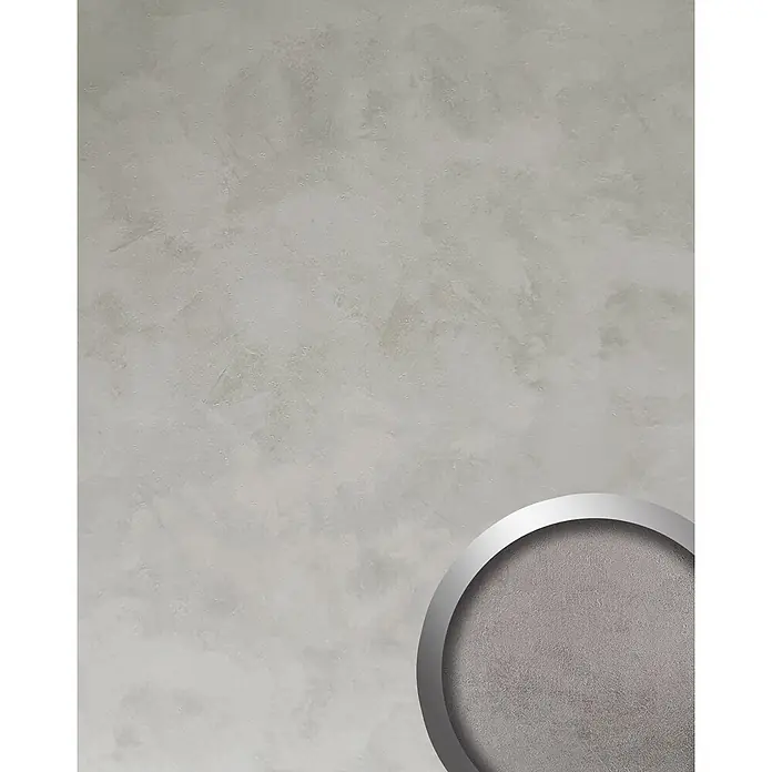 Wallface Wandpaneel 22828 CONCRETE Grey Wandverkleidung in Beton Optik matt grau 2,60 m2 - 2.600 x 1.000 mm - Zirkuläre Probe einer hellgrauen, texturierten Wandverkleidung mit silbernem Metallrand.