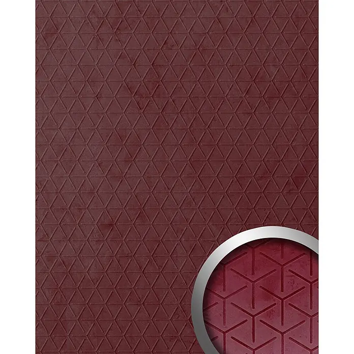 Wallface Wandpaneel 22719 CUBE VELVET Bordeaux Wandverkleidung in Leder Optik matt rot 2,60 m2 - 2.600 x 1.000 mm - Tiefroter strukturierter Hintergrund mit einem geprägten geometrischen Muster aus ineinandergreifenden Würfeln.