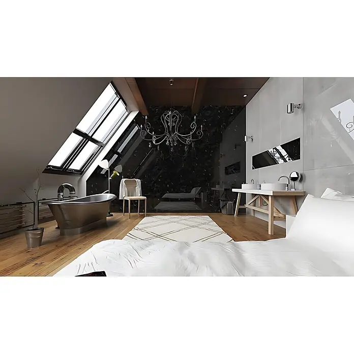 Wallface Wandpaneel 19341 MARBLE BLACK Wandverkleidung in Marmor Optik schwarz 2,6 m2 - grau, 2.600 x 1.000 mm - Ein luxuriöses Dachgeschoss-Badezimmer und Schlafzimmer mit freistehender Wanne, großen Dachfenstern, schwarzer Marmorwand, Doppelwaschtisch und Holzboden.