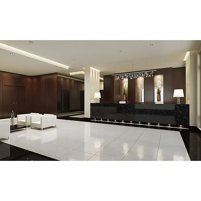 Wallface Wandpaneel 19341 MARBLE BLACK Wandverkleidung in Marmor Optik schwarz 2,6 m2 - grau, 2.600 x 1.000 mm - Moderne Hotellobby mit weißen Fliesenböden, dunklen Holzwänden und schwarzem Marmor-Empfangstresen, inklusive weißer Sitzgelegenheiten.
