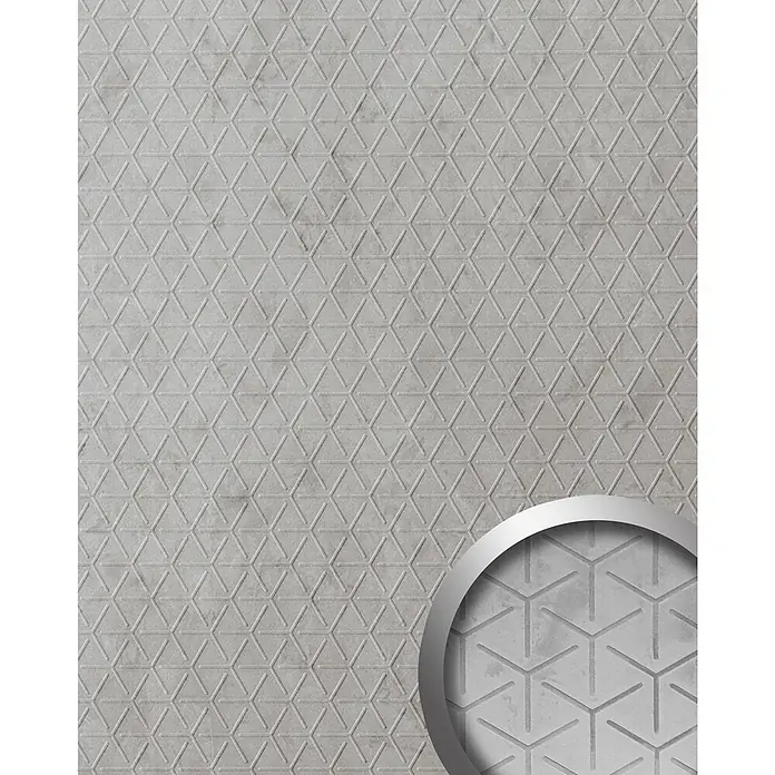 Wallface Wandpaneel 22740 CUBE VELVET Pearl Wandverkleidung in Leder Optik matt grau 2,63 m2 - 2.613 x 1.005 mm - Hellgraue strukturierte Fliese mit sich wiederholendem geometrischem Muster aus Y-förmigen Verbindungen, die einen 3D-Würfel-Effekt erzeugen.