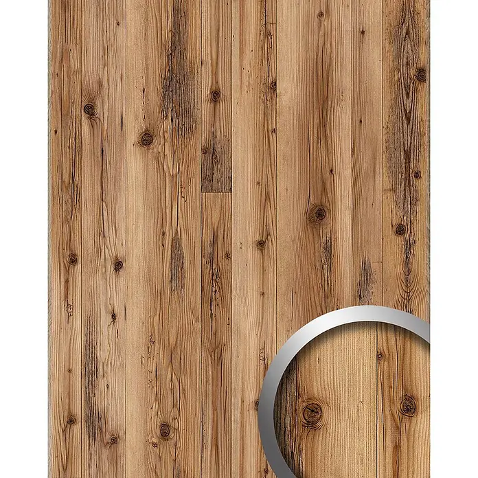 Wallface Wandpaneel 25896 Sunwood Nature Wandverkleidung in Holz Optik matt braun 2,6 m2 - beige, 2.600 x 1.000 mm - Rustikaler hellbrauner Holzfußboden mit sichtbaren Ästen und natürlicher Maserung.