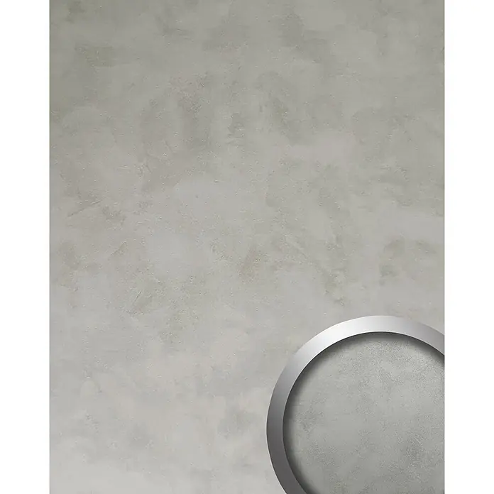 Wallface Wandpaneel 22829 CONCRETE Grey Wandverkleidung in Beton Optik matt grau 2,60 m2 - 2.600 x 1.000 mm - Silberner Metallring mit texturierter grauer Innenseite, teilweise in der Ecke sichtbar.