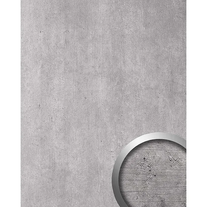 Wallface Wandpaneel 25516 CEMENT Light Nature Wandpaneel in Beton Optik matt grau 2,6 m2 - hell-grau, 2.600 x 1.000 mm - Helle graue Betontextur mit feiner Holzmaserung. Ein silberner Rahmen zeigt eine rauere, dunklere Betondetailansicht.