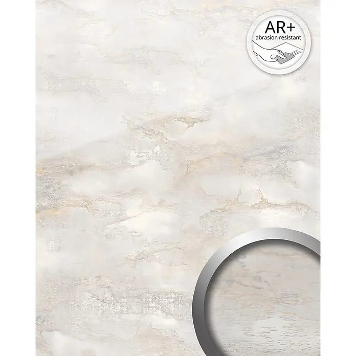 Wallface Wandpaneel 23180 GENESIS AR+ Wandverkleidung Naturstein Optik glänzend weiß 2,6 m2 - creme-weiß, 2.600 x 1.000 mm - Helle, abriebfeste Fliese in Marmoroptik mit vergrößerter Ansicht, die ihre Textur zeigt.