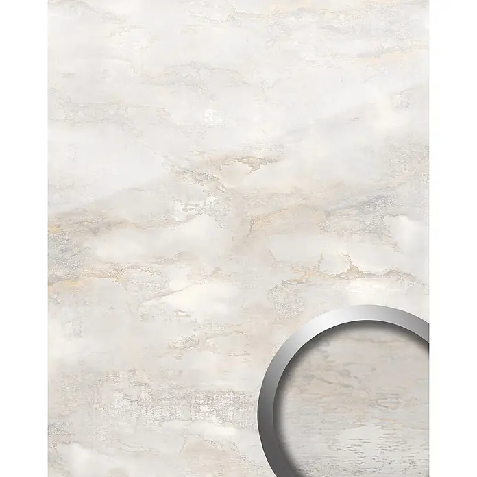 Wallface Wandpaneel 23180 GENESIS AR+ Wandverkleidung Naturstein Optik glänzend weiß 2,6 m2 - creme-weiß, 2.600 x 1.000 mm - Heller Marmorhintergrund mit Textur und einem teilweisen silbernen Metallring.