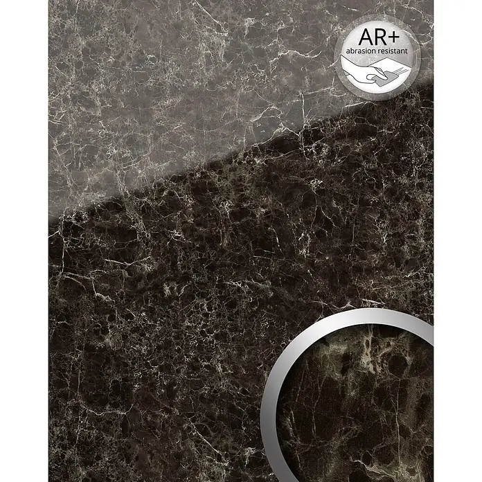 Wallface Wandpaneel 19343 MARBLE EMPERADOR Wandverkleidung in Marmor Optik braun 2,6 m2 - braun-beige, 2.600 x 1.000 mm - Dunkelbraune Marmoroberfläche mit mattem und glänzendem Finish, AR+ Abriebfestigkeit und vergrößertem Detail.