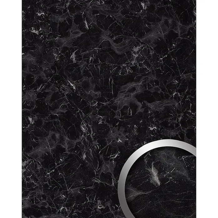 Wallface Wandpaneel 22635 MARBLE Black Wandverkleidung Marmor Optik seidenmatt schwarz 2,60 m2 - grau, 2.600 x 1.000 mm - Nahtlose schwarze Marmortextur mit feinen weißen und grauen Adern, ideal für Oberflächen.
