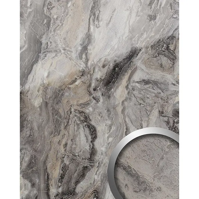 Wallface Wandpaneel 19340 MARBLE ALPINE Wandverkleidung in Marmor Optik glänzend grau 2,6m2 - braun, 2.600 x 1.000 mm - Graue Marmorstruktur mit natürlicher Maserung in Weiß-, Schwarz- und Beigetönen.